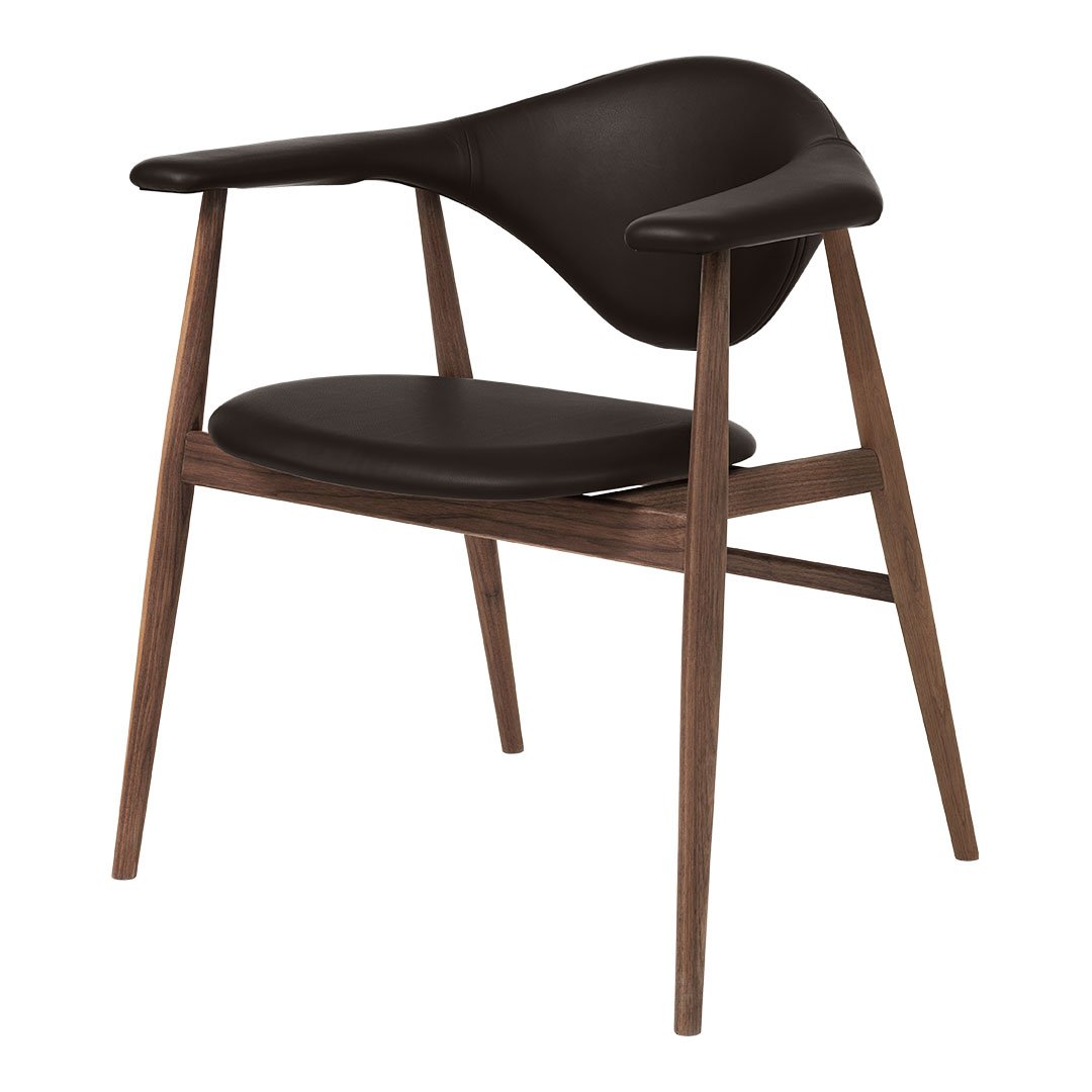 Black and brown accent chair featuring a sleek, minimalist design with smooth curves and contrasting wood legs.