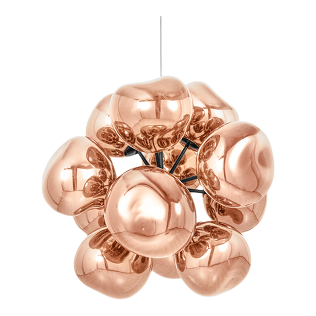Copper pendant light featuring a polished metallic finish and rounded, glossy shapes, ideal for modern decor.
