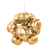 Shiny gold pendant light with a modern, rounded design featuring reflective surfaces and smooth, spherical shapes.