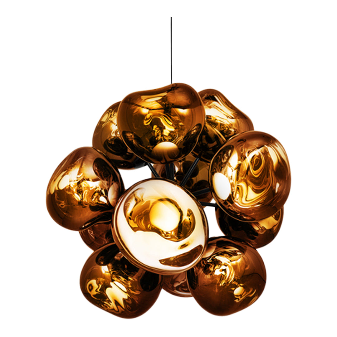 Modern pendant light featuring a glossy gold and copper finish with organic, rounded shapes.