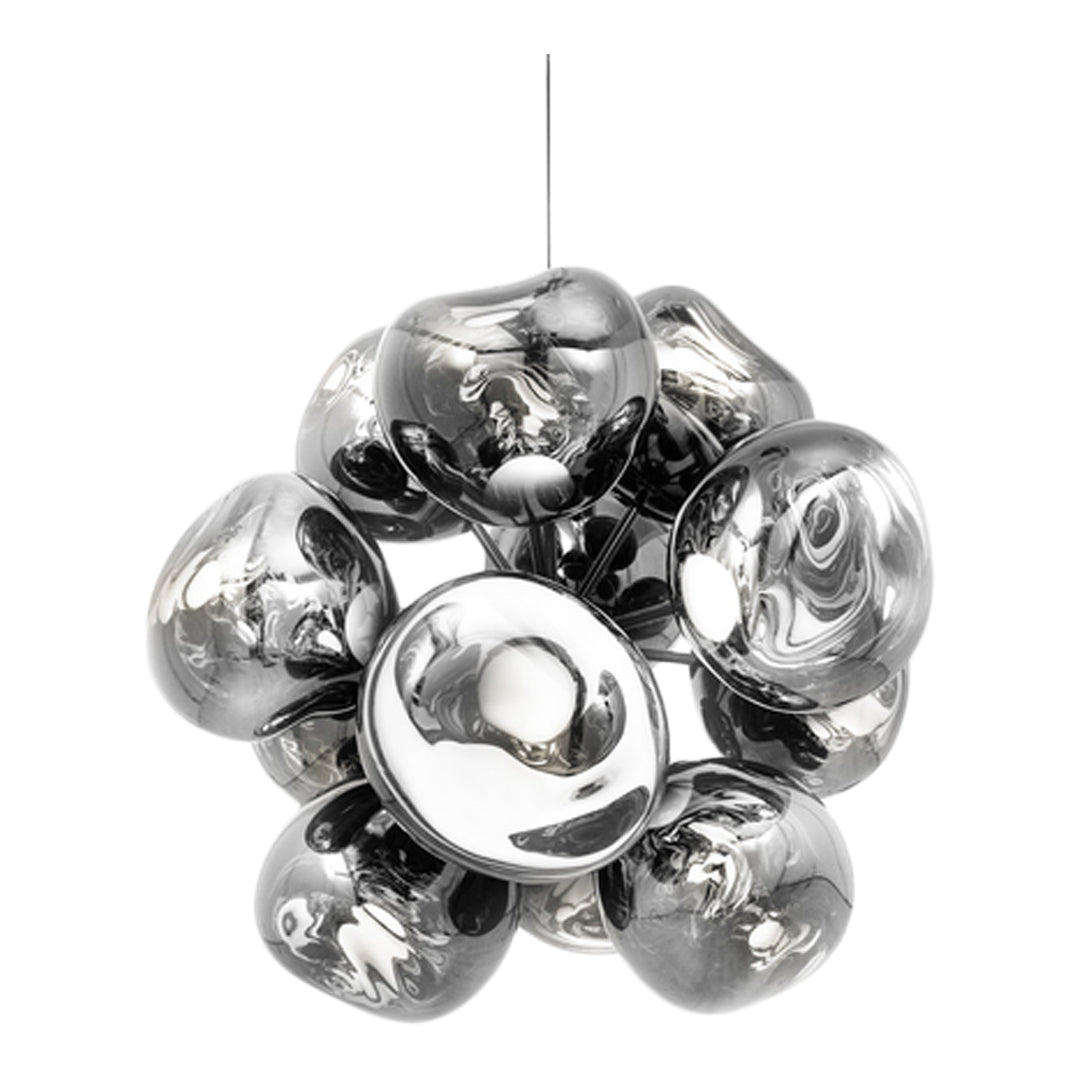 "Shiny chrome pendant light with reflective, bulbous patterns in a modern design."