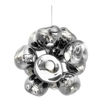 "Shiny chrome pendant light with reflective, bulbous patterns in a modern design."