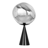Sleek silver globe lamp with a smooth reflective surface on a matte black cone base, showcasing modern elegance.
