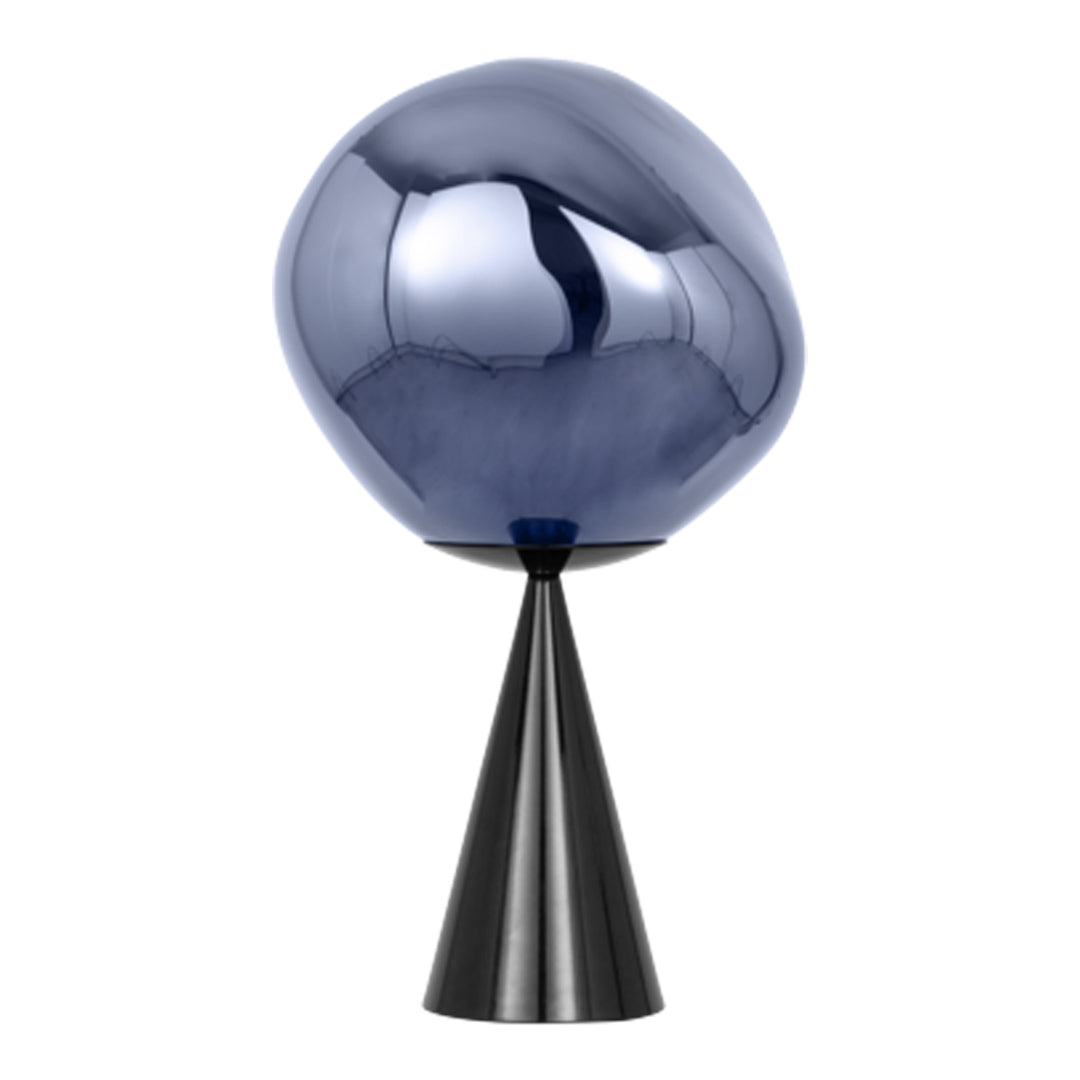 Sleek, polished blue sphere atop a matte black cone base; modern design with a striking color contrast.