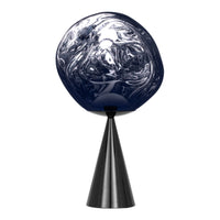 Navy blue globe with swirling patterns atop a sleek black cone base. Modern, artistic design for home decor.