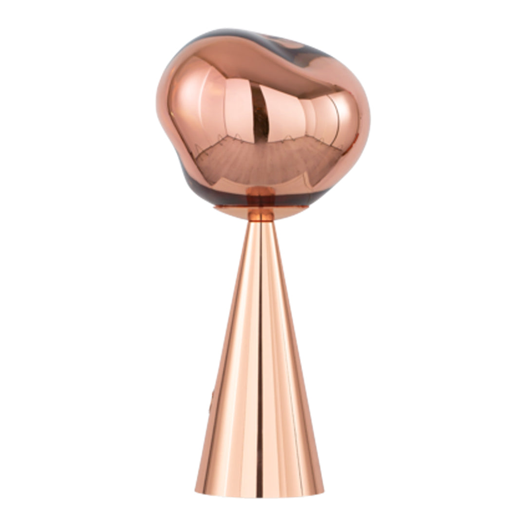 Sleek copper lamp with a polished surface and geometric cone base, featuring a modern design.