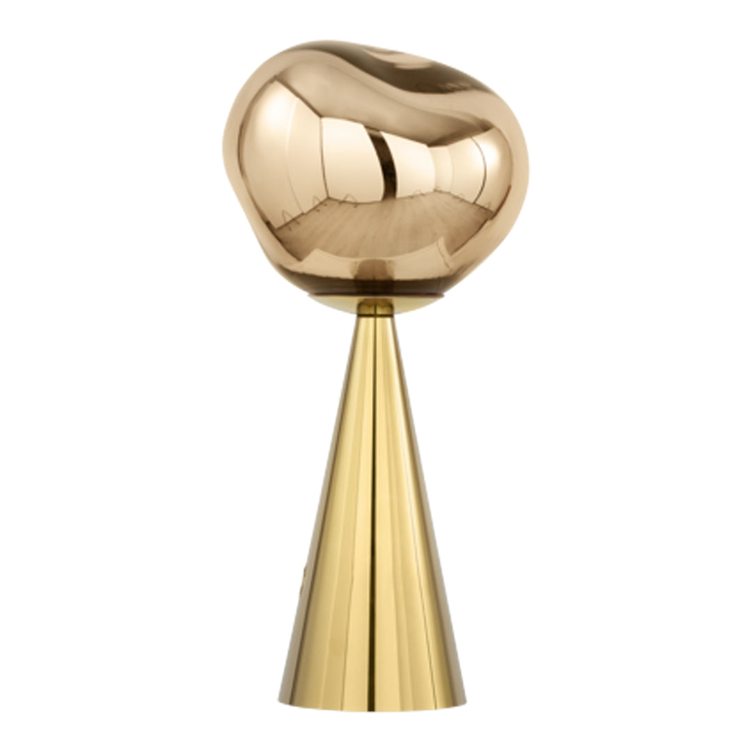 Sleek gold lamp featuring a smooth, rounded top and a conical base, perfect for modern decor.