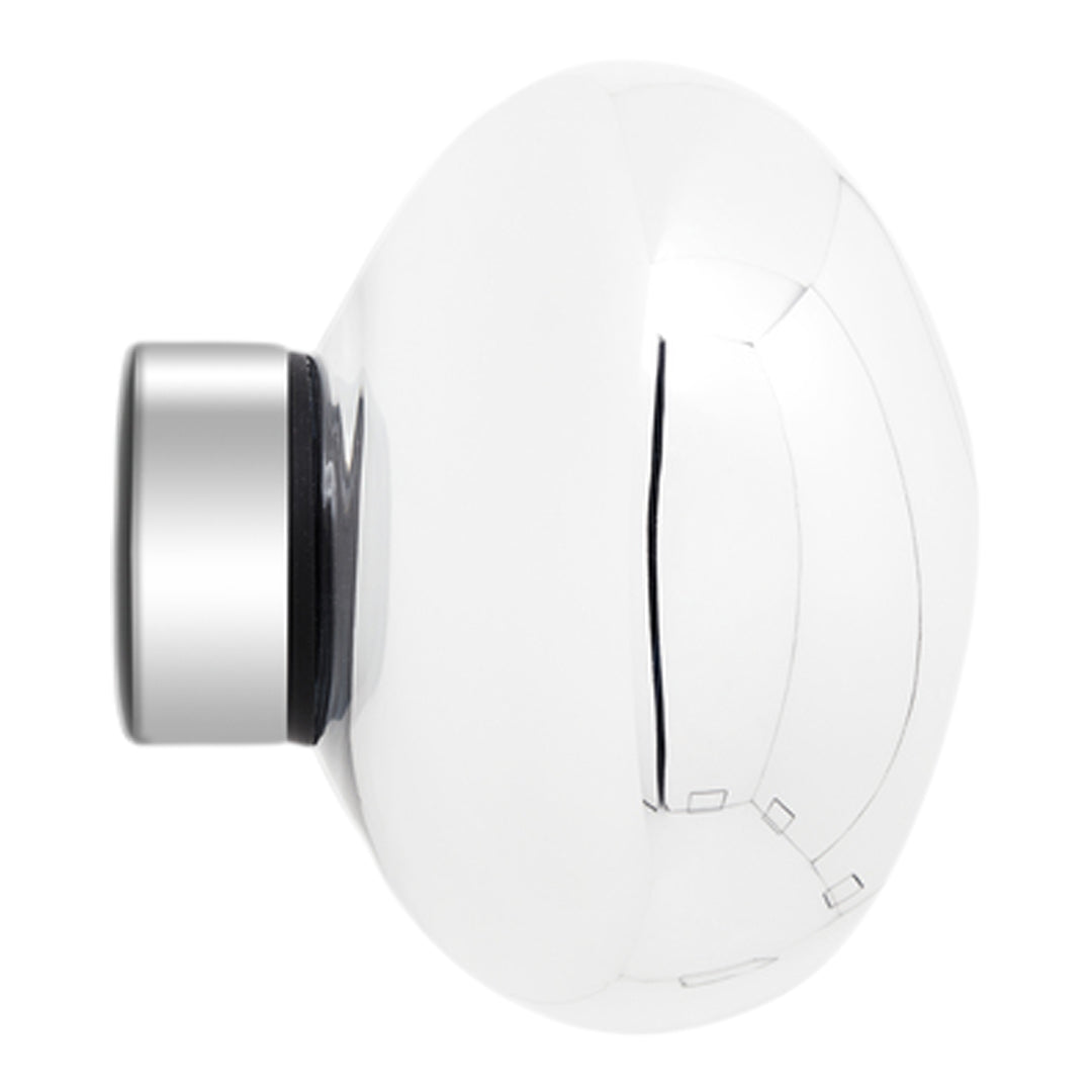 Clear glass with sleek silver accents, featuring a smooth, modern shape and subtle curved lines.