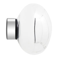 Clear glass with sleek silver accents, featuring a smooth, modern shape and subtle curved lines.