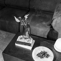 Black and white image featuring a textured couch, glass vase, stacked books, and a round plate of dark berries.