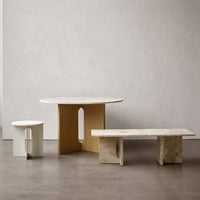 Stylish set of three tables featuring white, beige, and marble finishes with modern geometric patterns.