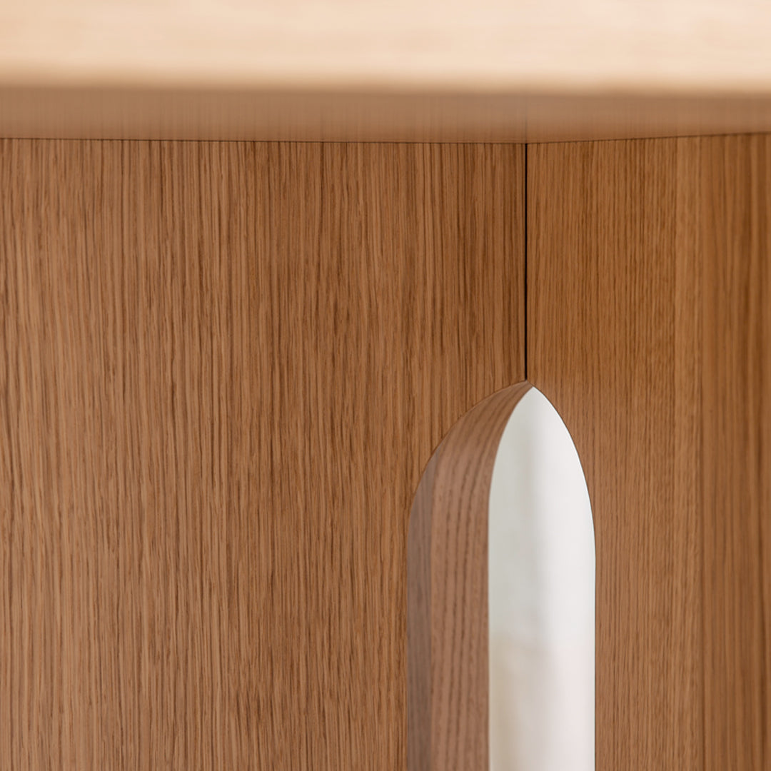 Light wood grain texture with a smooth, white curved accent, creating a modern, minimalistic design.
