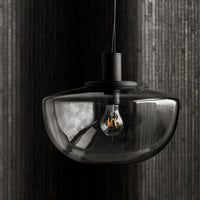 "Modern black glass pendant light with sleek curves and a minimalist design."