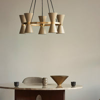 Beige and gold modern chandelier with sleek, geometric shapes, perfect for stylish interiors.