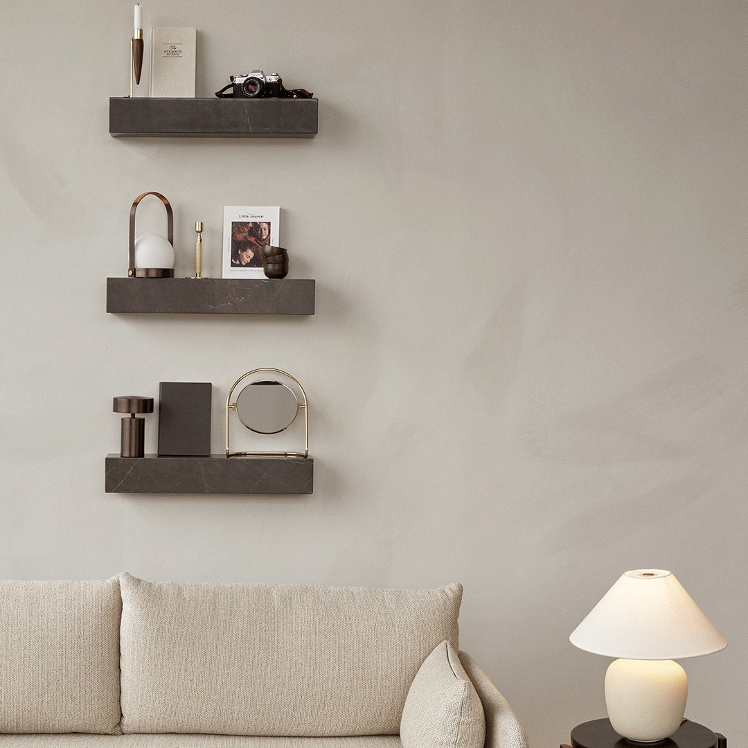 Neutral beige and gray color palette with sleek, minimalistic shelf patterns and soft textures.