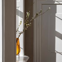 Bright amber vase with delicate branches in soft, natural light and contrasting white walls. Modern minimalist decor.