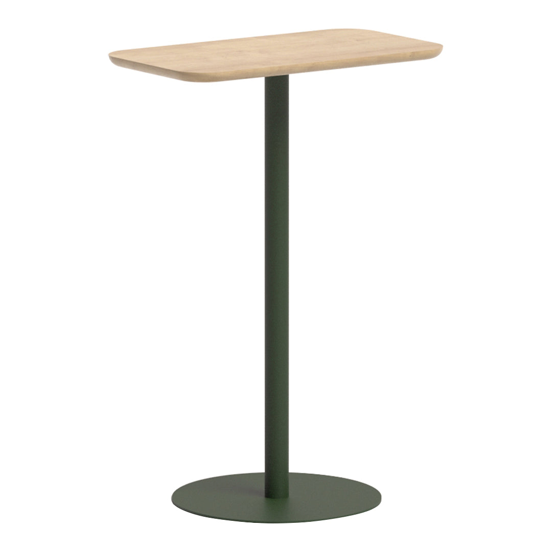 Light wood top with a smooth natural finish; sleek green metal base for a modern, minimalist look.
