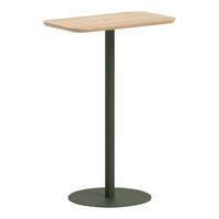 Light wood top with a smooth natural finish; sleek green metal base for a modern, minimalist look.