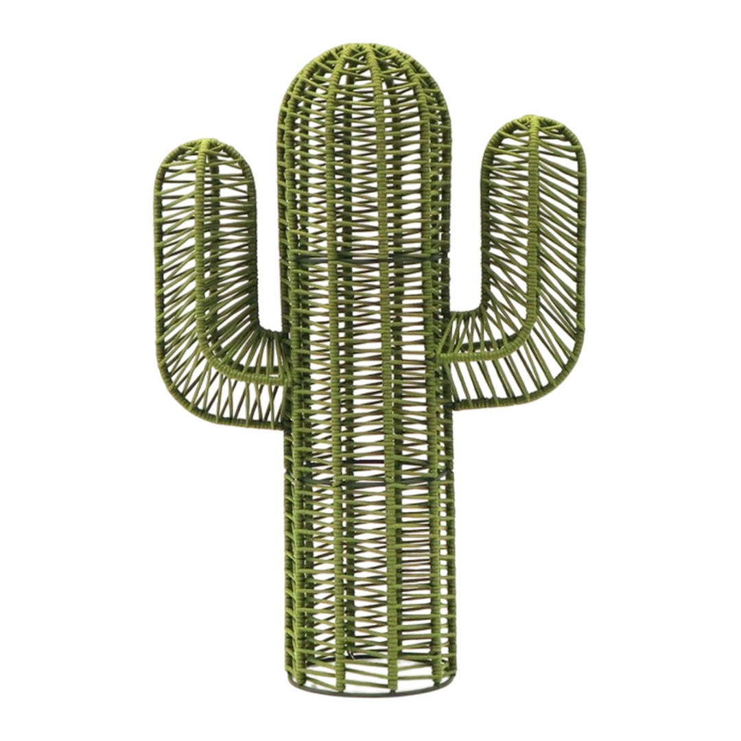 Green woven cactus sculpture with intricate patterns and a modern design. Ideal for trendy home decor.