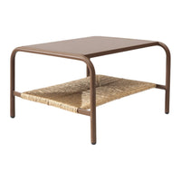 Brown metal coffee table with a woven natural fiber shelf, featuring a sleek modern design and earthy tones.