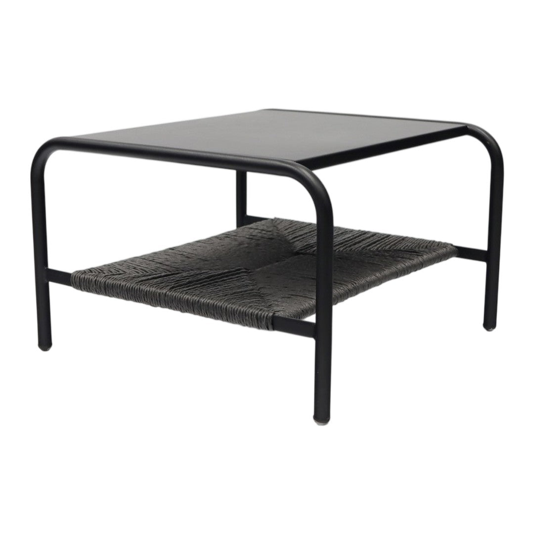 Modern black metal coffee table with a textured gray woven shelf, perfect for contemporary decor.