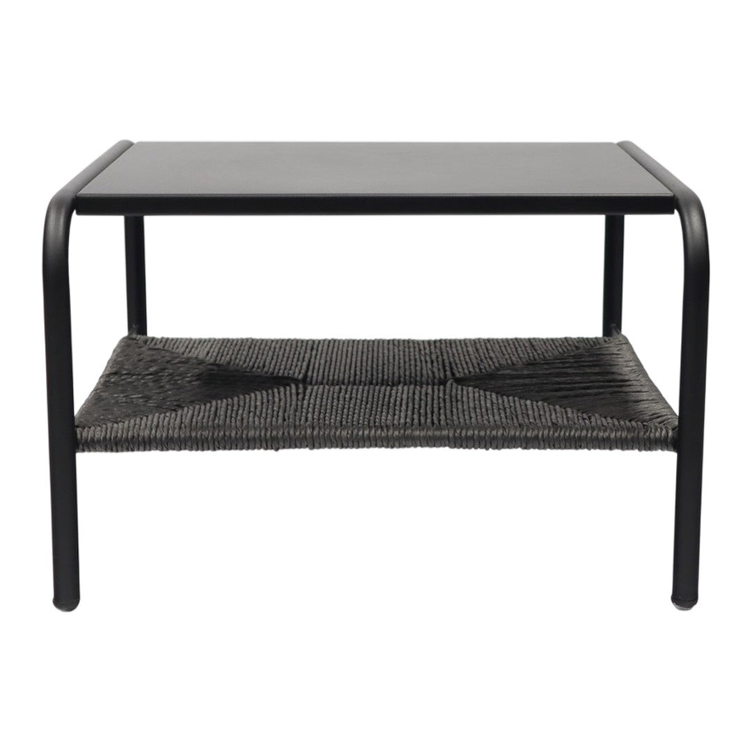 "Modern black metal coffee table with a sleek glass top and textured black woven shelf."