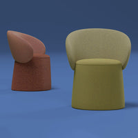 "Two stylish chairs in earthy tones: one rust orange and one olive green, featuring smooth textures and modern design."