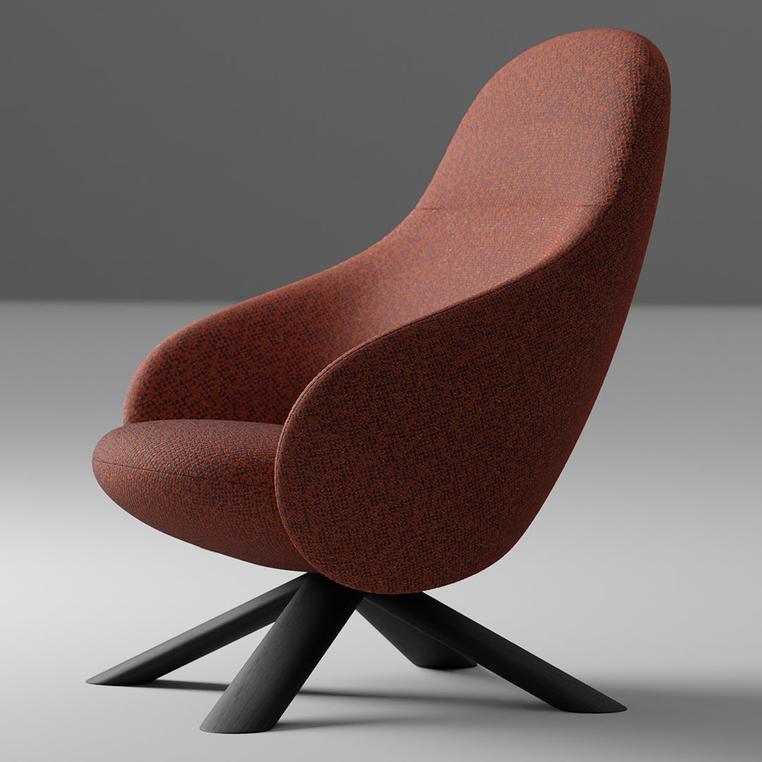 Rust-colored chair with a textured pattern and sleek black wooden legs, offering modern elegance and comfort.