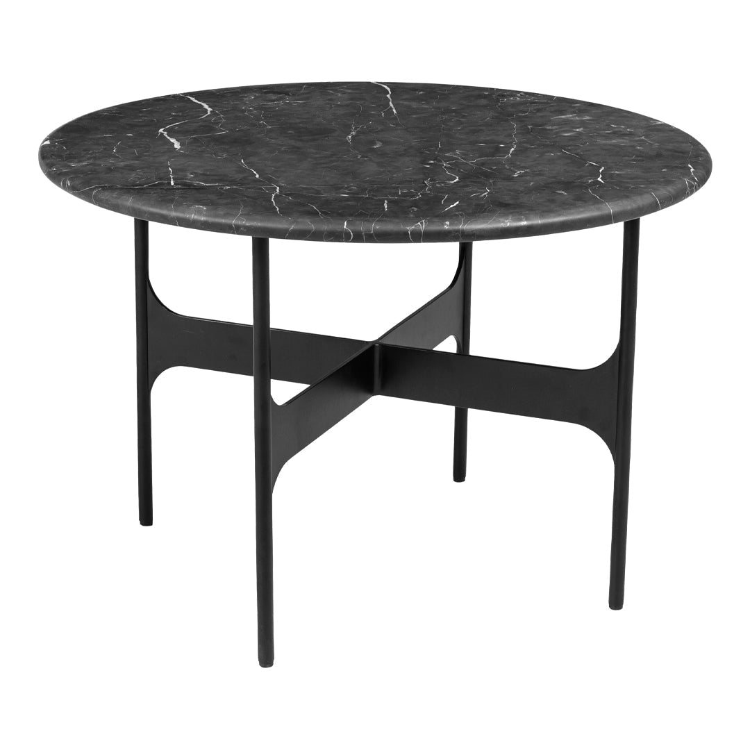 Round black marble table with white veining and sleek black metal base. Modern design adds elegance to any space.