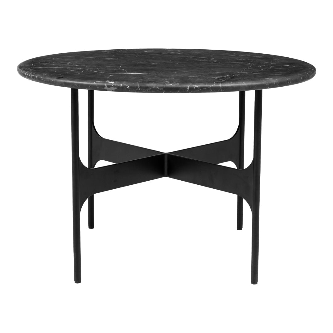 Round black marble table with subtle white veining and a sleek black metal base. Modern minimalist design.