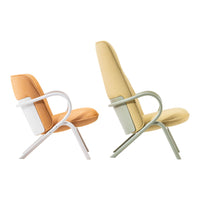 Modern chairs in orange and light yellow upholstery with white and green metal frames, showcasing a textured pattern.