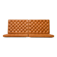 Brown tufted leather sofa with a diamond pattern, featuring a sleek minimalist design and plush cushioning.