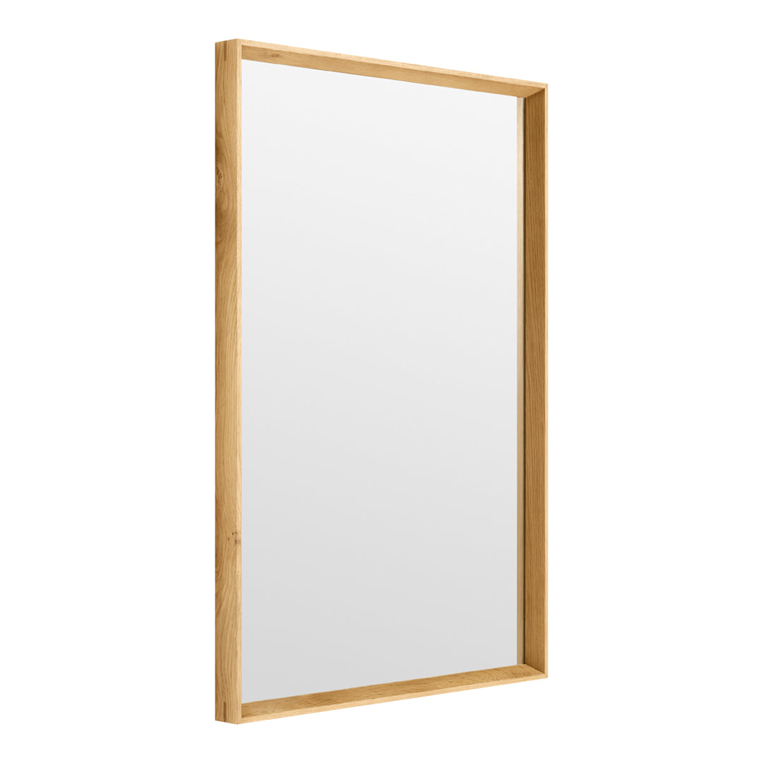 "Rectangular mirror with a natural wood frame, featuring a smooth, clear reflective surface."