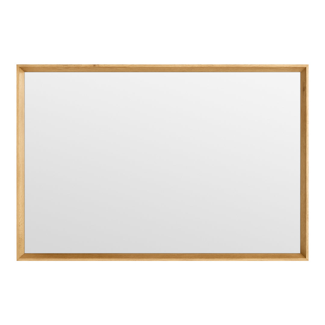 Rectangular mirror with a natural wood frame, featuring a smooth, reflective surface and minimalist design.