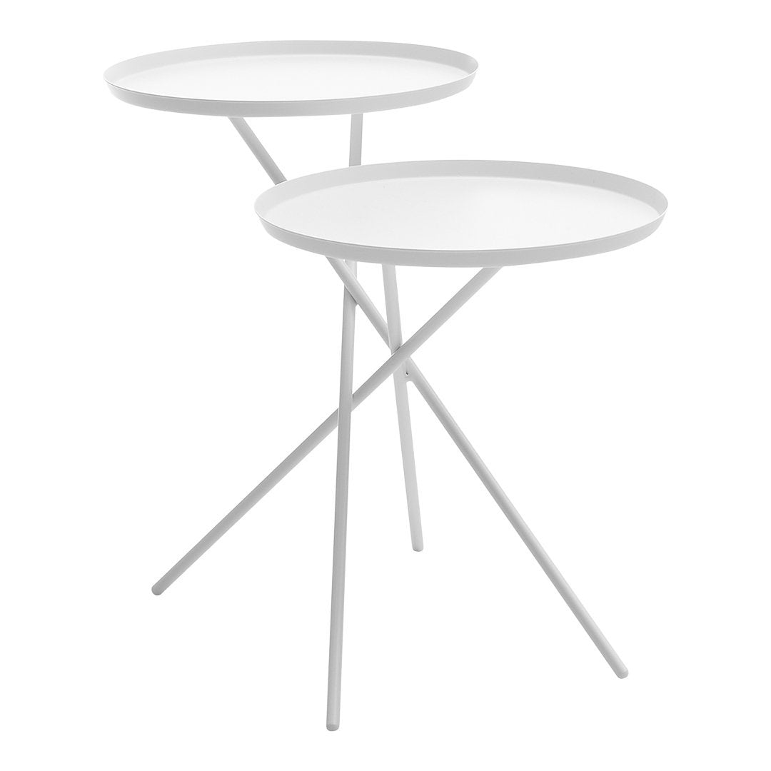 White nesting tables with minimalist round tops and sleek, modern tripod legs. Perfect for contemporary decor.