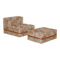 Brown and tan patterned cushions with a unique abstract design and contrasting straps for added style.