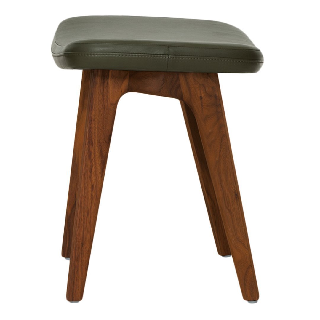 Olive green cushioned stool with sleek wooden legs in rich brown tones. Modern, minimalist design for home decor.