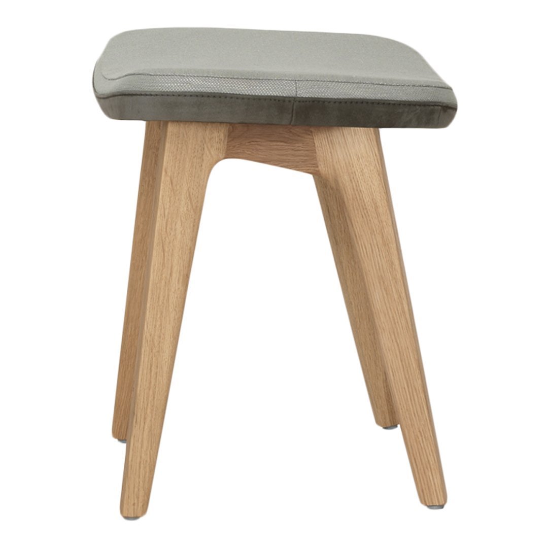 Gray padded seat with a natural wood base, featuring a minimalist design and clean lines. Perfect for modern decor.