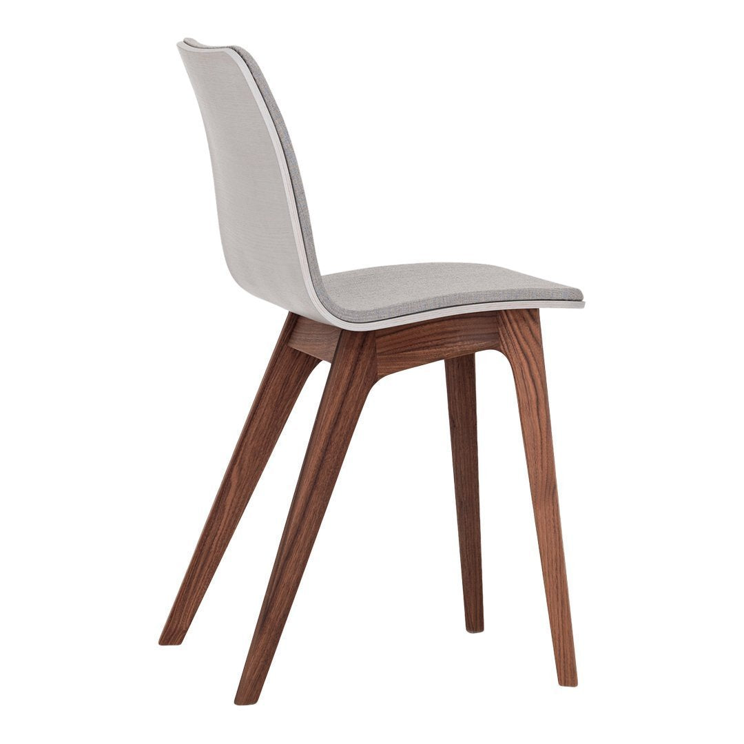 Gray upholstered chair with a smooth finish and natural wood legs, showcasing a minimalist design.