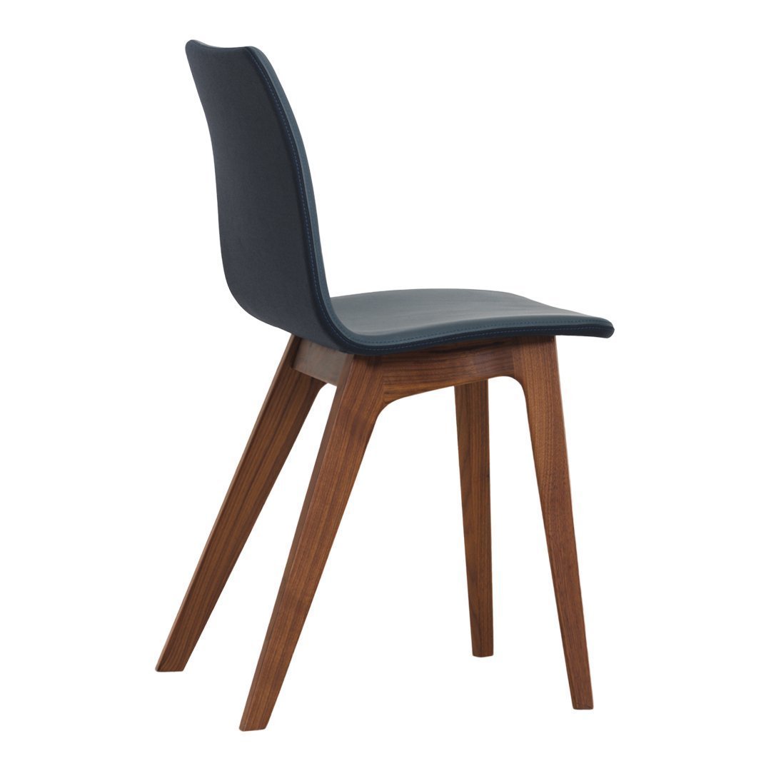 Stylish navy blue chair with a smooth upholstered seat and elegant natural wood legs. Perfect for modern decor.