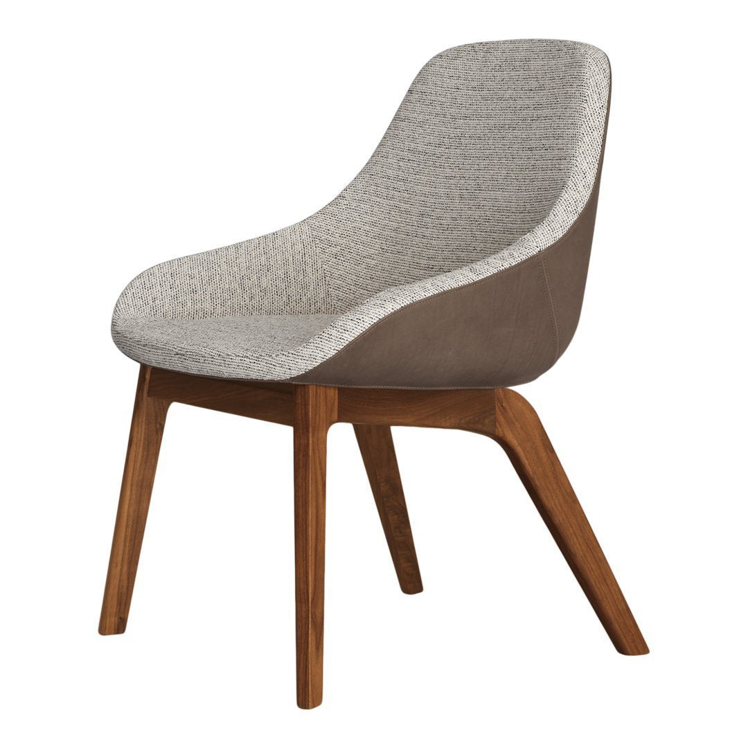 Modern chair featuring a beige textured fabric seat and warm brown wooden legs. Sleek, minimalist design for any space.