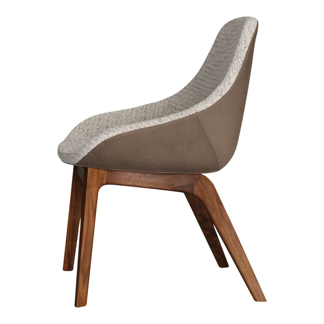 Stylish brown chair with textured light gray upholstery and sleek wooden legs, perfect for modern decor.