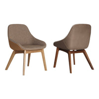"Modern brown upholstered chair with light and dark wooden legs, featuring a sleek, minimalist design."