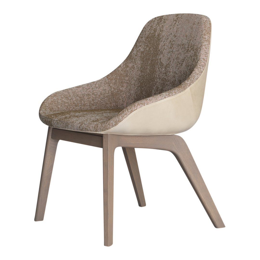 Cream and beige modern chair with textured upholstery and sleek wooden legs, featuring a unique silhouette.