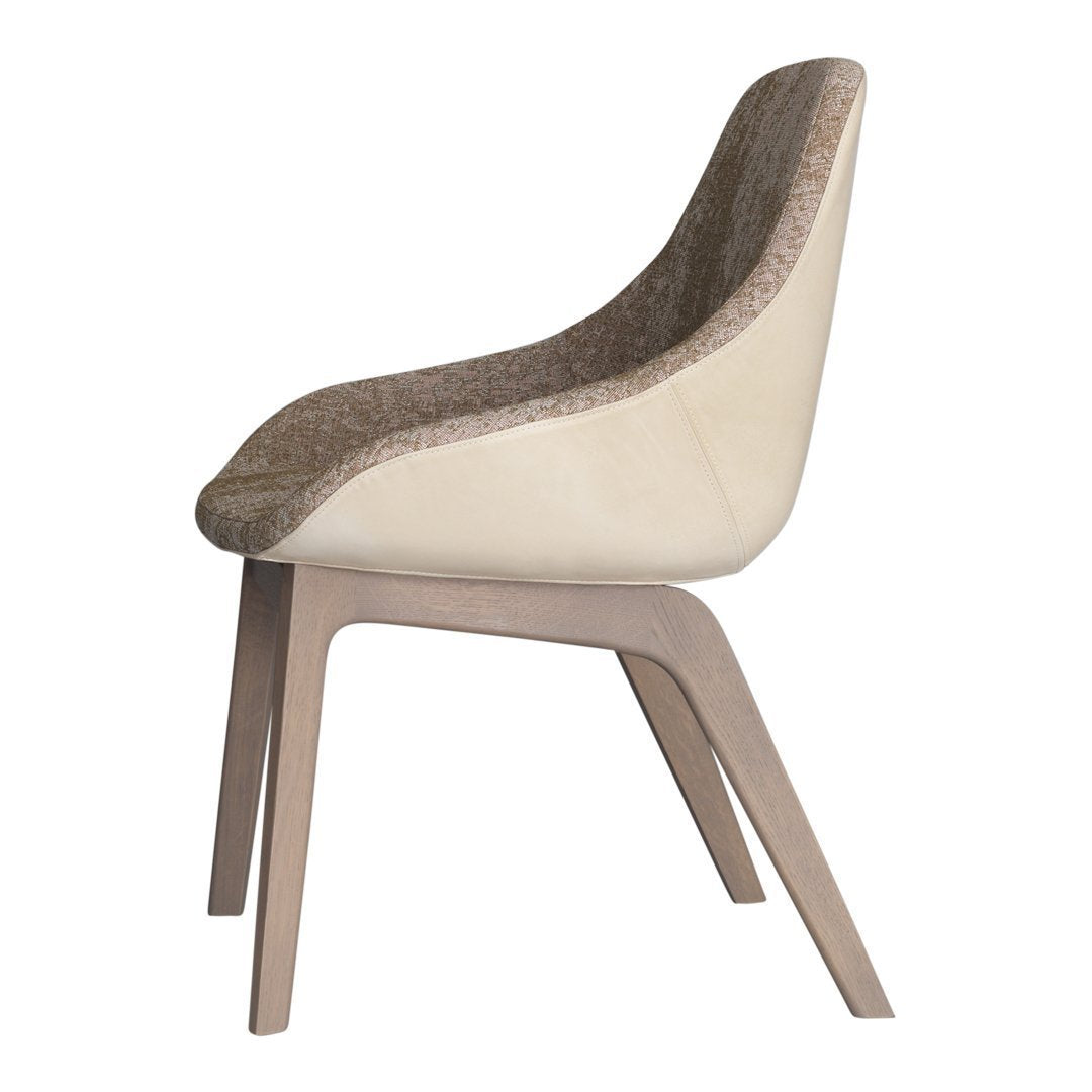 Cream and brown upholstered chair with a smooth texture and sleek wooden legs, featuring a minimalist design.