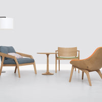 Modern furniture set featuring blue, orange, and natural wood tones with smooth, minimalistic patterns.