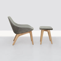 Gray padded seat with a natural wood base, featuring a minimalist design and clean lines. Perfect for modern decor.