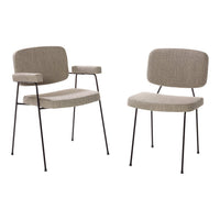 "Pair of beige upholstered chairs with subtle texture and black metal legs, featuring a minimalist design."