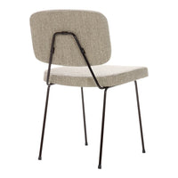 Beige fabric dining chair with a textured pattern and sleek black metal legs. Ideal for modern decor.