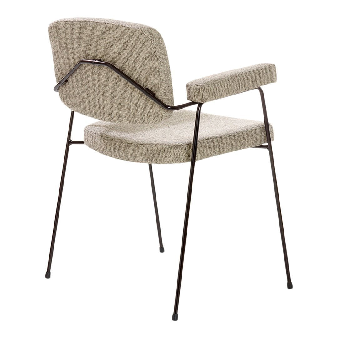Beige upholstered chair with a textured fabric and sleek black metal legs, featuring a minimalist design.
